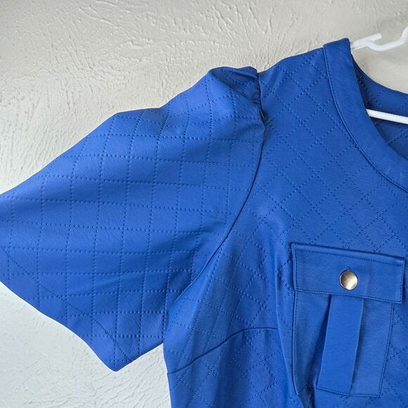 Ashley Stewart Faux Leather Midi Dress Royal Blue Button Down Belted Edgy Retro - Picture 11 of 13